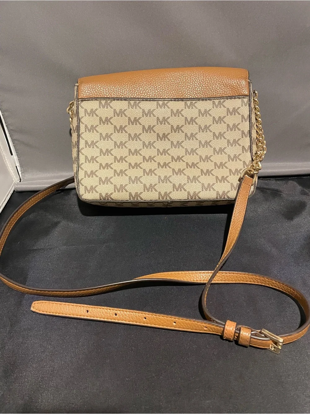 Michael Kors Brown/White Logo Crossbody Bag, Snap Closure, Gold Hardware